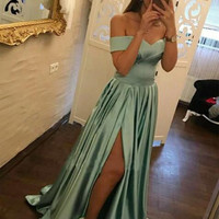 SP1672,Off the shoulder satin prom dresses evening gown long - Thumbnail 1