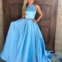 SP1673,A-line Long Prom Dresses Ice Blue Simple Evening Dress With Beading - Thumbnail 1