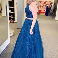 SP1674,Blue Two Pieces Long Prom Dresses Applique Beaded Evening Party Gown - Thumbnail 1