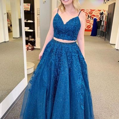 Sp1674,blue two pieces long prom dresses applique beaded evening party gown - Thumbnail 4