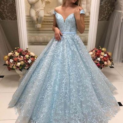 Sp1676,light blue v-neck applique tulle long prom dress,off shoulder evening dress - Thumbnail 3