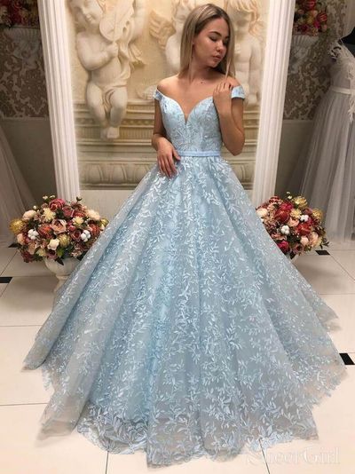 SP1676,Light Blue V-neck Applique Tulle Long Prom Dress,Off Shoulder Evening Dress