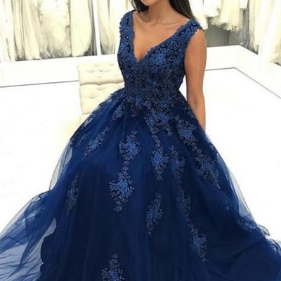 Sp1678,elegant a line v neck sleeveless floor length long tulle formal dress - Thumbnail 4