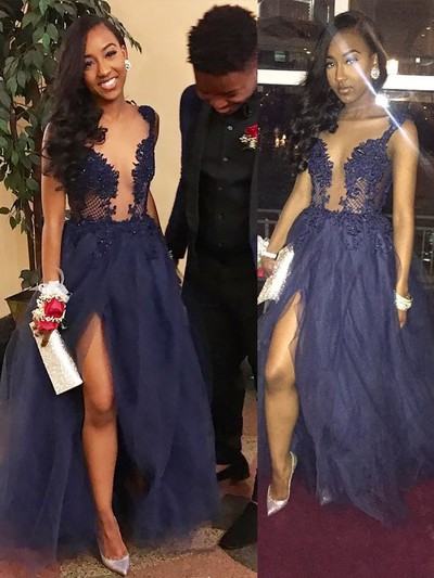 SP1679,Purple Applique Tulle Prom Dresses Long Party Formal Gown with Deep V-Neck