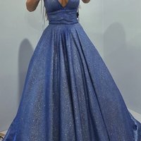 SP1680,Shiny V Neck Long Blue Prom Dresses,Long Blue Formal Evening Dresses - Thumbnail 1