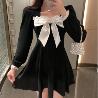 Long sleeve dress women bow elegant french design