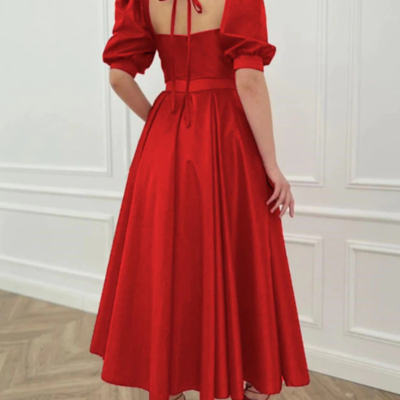 Summer women red party dress vintage elegant lady silk  - Thumbnail 3
