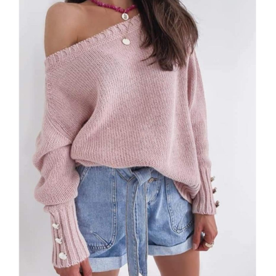 Long sleeve women's pink casual off-the-shoulder sweater - Thumbnail 2