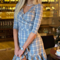 Women'S Casual Plaid Ruffled Dress - Thumbnail 1