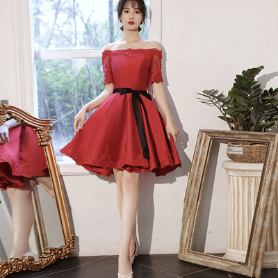 Red satin lace short prom dress red homecoming dress - Thumbnail 4