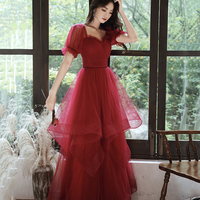 Burgundy tulle long prom dress evening gown - Thumbnail 1
