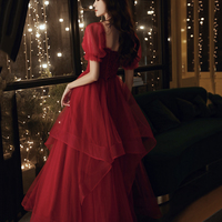 Burgundy tulle long prom dress evening gown - Thumbnail 2