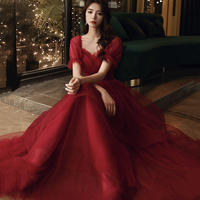 Burgundy tulle long prom dress evening gown - Thumbnail 3