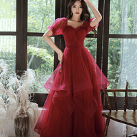 Burgundy tulle long prom dress evening gown - Thumbnail 5