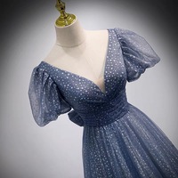 Blue v neck tulle long prom dress blue evening dress - Thumbnail 2