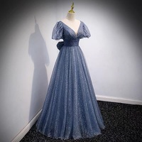 Blue v neck tulle long prom dress blue evening dress - Thumbnail 3