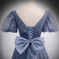 Blue v neck tulle long prom dress blue evening dress - Thumbnail 4