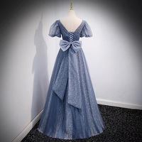 Blue v neck tulle long prom dress blue evening dress - Thumbnail 5