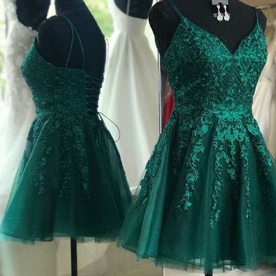 Emerald green short homecoming dress,lace spaghetti straps a line homecoming dresses,577