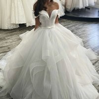 White Off Shoulder Ball Gown Wedding Dress Sweetheart Tulle Ruffles Tiered Custom Women Bridal Gowns,581 - Thumbnail 2