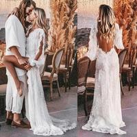 Boho Country Wedding Gowns Sexy V Neck Long Sleeves Sheath Bridal Dress Bohemian Lace Side Slit Backless Wedding Dress,589 - Thumbnail 1