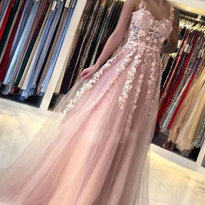 Sp1682,beautiful spaghetti straps tulle lace blushing pink appliques prom dresses - Thumbnail 4