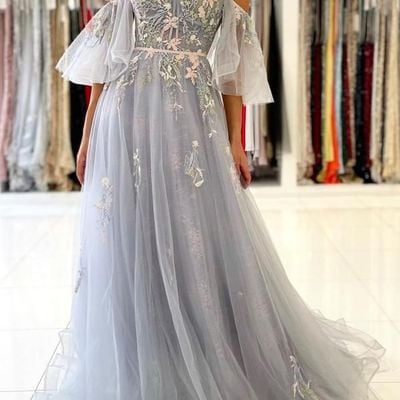 Sp1683,vintage long tulle evening prom dress online with appliques - Thumbnail 4