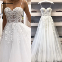 2021 Sexy A Line Wedding Dress Spaghetti Straps Vintage Lace Applique Beaded Off White Tulle Mariage Long Bridal Dress,597 - Thumbnail 2
