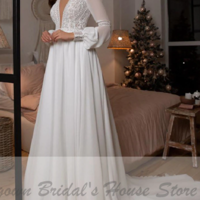 Vestidos boho bridal long sleeve wedding dresses a line 2021 robe longue simple beach chiffon long wedding gowns deep v-neck,599 - Thumbnail 3