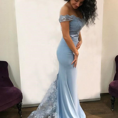 Sp1684,light blue off shoulder lace long prom dresses mermaid bridesmaid dresses - Thumbnail 3