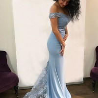SP1684,Light Blue Off Shoulder Lace Long Prom Dresses Mermaid Bridesmaid Dresses - Thumbnail 1