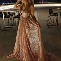 SP1685,Shine A Line Sequins Sweep Brush Train V neck Sleeveless Formal Dress - Thumbnail 1