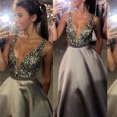 Sp1660,grey beading a-line prom dresses v neck long evening dress - Thumbnail 3