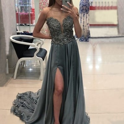 Sp1661,grey beading v-neck satin long prom evening dresses with side slit - Thumbnail 3