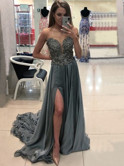SP1661,Grey Beading V-neck Satin Long Prom Evening Dresses with Side Slit