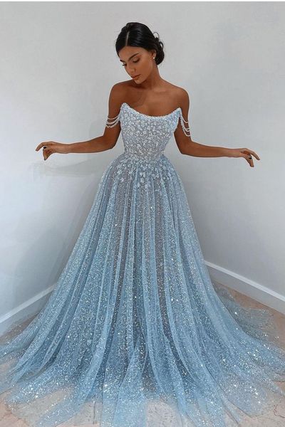 SP1663,Elegant Light Blue Sparkle Prom Dresses Evening Gown Party Dress Long with Beading