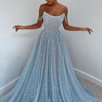 SP1663,Elegant Light Blue Sparkle Prom Dresses Evening Gown Party Dress Long with Beading - Thumbnail 1