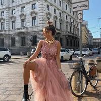 SP1664,Pink V neck Beading A line Tulle Formal Party Gown Split Prom Evening Dresses - Thumbnail 1