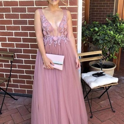 Sp1665,a-line v-neck long prom dresses tulle formal dress with appliques - Thumbnail 4
