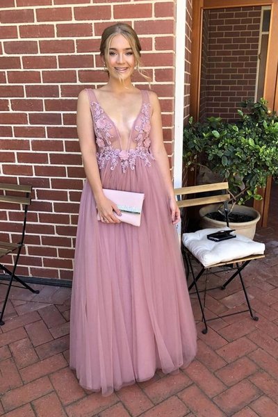 SP1665,A-line V-neck Long Prom Dresses Tulle Formal Dress with Appliques