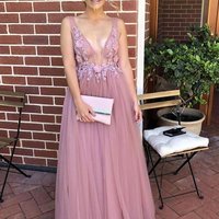 SP1665,A-line V-neck Long Prom Dresses Tulle Formal Dress with Appliques - Thumbnail 1