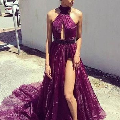 Sp1677,maroon organza cross halter a line prom evening dresses with side slit - Thumbnail 4