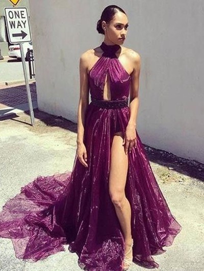 SP1677,Maroon Organza Cross Halter A line Prom Evening Dresses With Side Slit