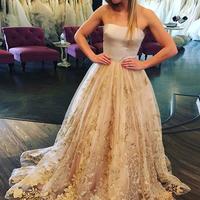SP1700,Champagne A-Line Strapless Sleeveless Prom Dresses Floral Gold Appliques Formal Dress - Thumbnail 1