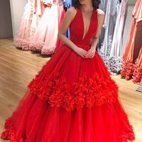 SP1701,Plunging Neckline Red Ball Gown Tulle Handmade Flowers Prom Dresses - Thumbnail 1
