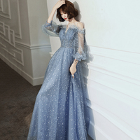 Blue tulle long prom dress A line evening gown - Thumbnail 2