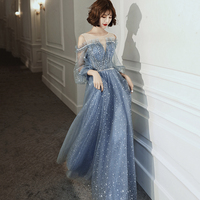 Blue tulle long prom dress A line evening gown - Thumbnail 3