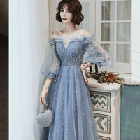 Blue tulle long prom dress A line evening gown - Thumbnail 4