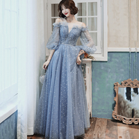 Blue tulle long prom dress A line evening gown - Thumbnail 7