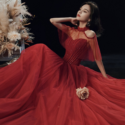 Burgundy tulle sequins long ball gown dress evening gown - Thumbnail 1